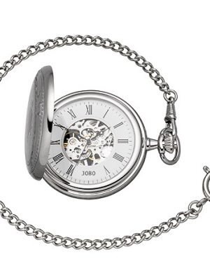 JOBO Taschenuhr Skelett mit Kette Handaufzug verchromt 2 Sprung-Deckel