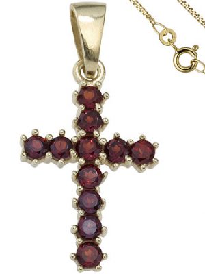 SIGO Anhänger Kreuz 333 Gold Gelbgold 11 Granate rot mit Kette 50 cm