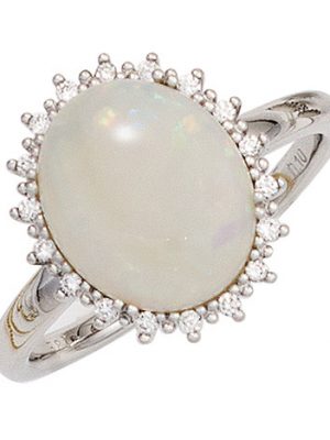 SIGO Damen Ring 585 Gold Weißgold 1 Opal 18 Diamanten Brillanten 0,10ct. Goldring