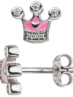 SIGO Kinder Ohrstecker Krone 925 Silber mit Zirkonia Ohrringe rosa Kinderohrringe