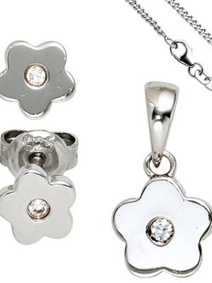 SIGO Kinder Schmuck-Set Blume 925 Silber mit Zirkonia Anhänger Ohrringe Kette 38 cm