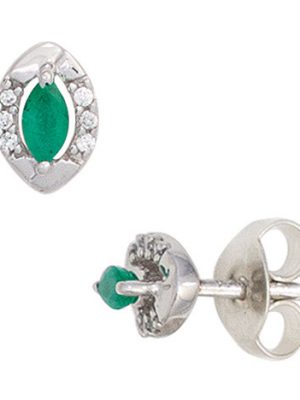 SIGO Ohrstecker oval 333 Weißgold 2 Smaragde grün 12 Diamanten Brillanten Ohrringe