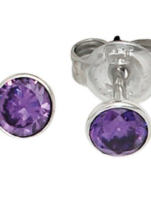 SIGO Ohrstecker rund 925 Sterling Silber rhodiniert 2 Zirkonia lila violett Ohrringe