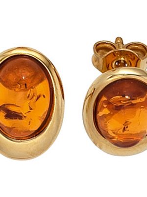 SIGO Ohrstecker oval 375 Gold Gelbgold 2 Bernsteine orange Ohrringe Bernsteinohrringe