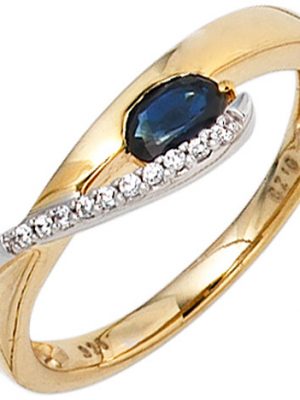 SIGO Damen Ring 333 Gold Gelbgold Weißgold 1 Safir blau 10 Zirkonia Goldring