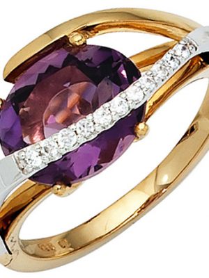 SIGO Damen Ring 585 Gold bicolor 11 Diamanten Brillanten 1 Amethyst lila violett
