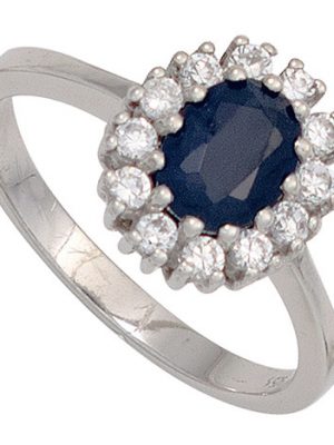 SIGO Damen Ring 925 Sterling Silber rhodiniert 1 Safir blau 12 Zirkonia Silberring