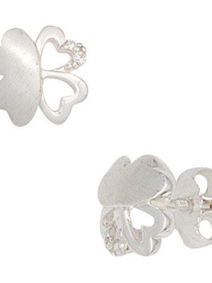 SIGO Kinder Ohrstecker Kleeblatt 925 Silber mattiert mit Zirkonia Ohrringe