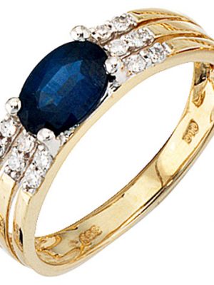 SIGO Damen Ring 585 Gold Gelbgold 1 blauer Safir 12 Diamanten Safirring Goldring