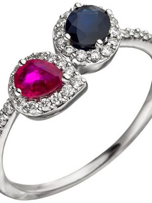 SIGO Damen Ring 585 Gold Weißgold 38 Diamanten Brillanten 1 Rubin rot 1 Safir blau