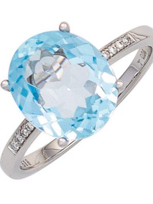 SIGO Damen Ring 585 Gold Weißgold 1 Blautopas hellblau blau 8 Diamanten Brillanten