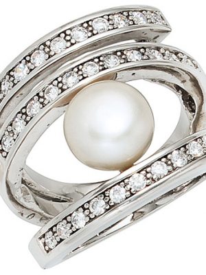 SIGO Damen Ring breit 925 Silber rhodiniert 1 Süßwasser Perle 31 Zirkonia Perlenring