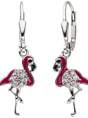 SIGO Kinder Ohrhänger Flamingo pink 925 Silber 14 Zirkonia Ohrringe Kinderohrringe