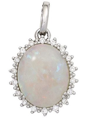 SIGO Anhänger oval 585 Gold Weißgold 1 Opal 18 Diamanten Brillanten 0,10ct.
