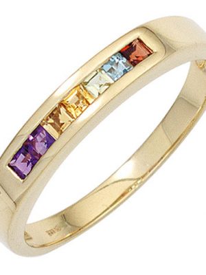 SIGO Damen Ring 585 Gelbgold 2 Amethyste 2 Citrine 1 Granat 1 Peridot 1 Blautopas