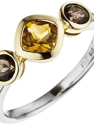 SIGO Damen Ring 925 Silber bicolor vergoldet 1 Citrin 2 Rauchquarze Silberring