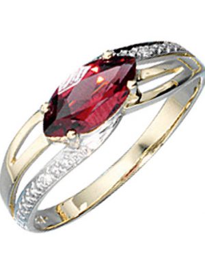 SIGO Damen Ring 585 Gold Gelbgold bicolor 1 Granat rot 2 Diamanten Brillanten