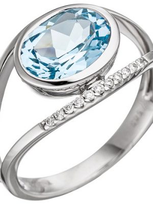 SIGO Damen Ring 585 Weißgold 11 Diamanten Brillanten 1 Blautopas hellblau blau