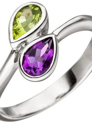 SIGO Damen Ring 925 Sterling Silber 1 Amethyst lila violett 1 Peridot grün Silberring