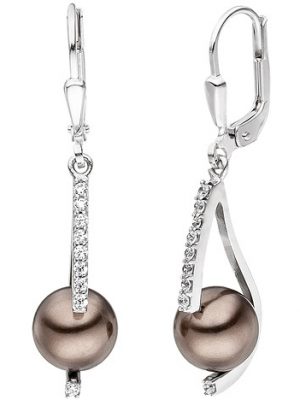 SIGO Ohrhänger 925 Sterling Silber 2 Perlen braun 18 Zirkonia Ohrringe Perlenohrringe