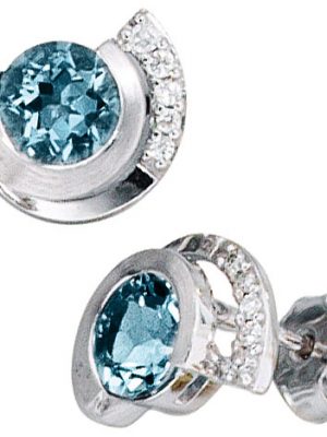 SIGO Ohrstecker 585 Gold Weißgold 2 Aquamarine blau 10 Diamanten Brillanten Ohrringe