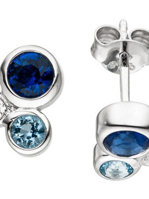SIGO Ohrstecker 925 Sterling Silber 6 Zirkonia blau weiß Ohrringe Silberohrstecker