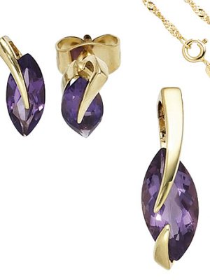 SIGO Schmuck-Set 585 Gold Gelbgold 3 Amethyste lila violett Ohrringe und Kette 42 cm