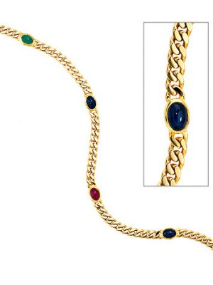 SIGO Armband 585 Gold Gelbgold massiv 19 cm Safir Rubin Smaragd Cabochon Goldarmband