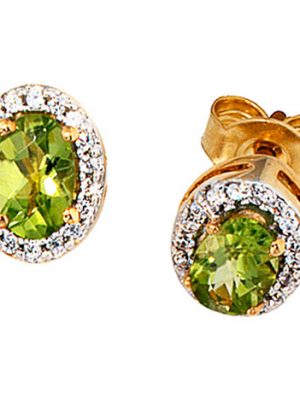 SIGO Ohrstecker oval 585 Gelbgold 1 Diamant Brillant 2 Peridote grün Ohrringe