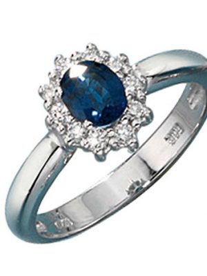 SIGO Damen Ring 585 Gold Weißgold 1 Safir blau 10 Diamanten Brillanten Goldring