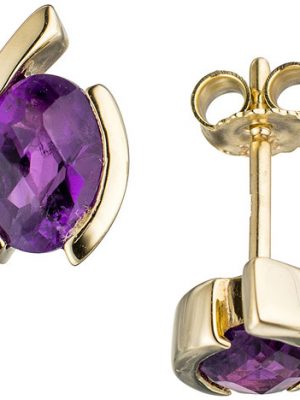 SIGO Ohrstecker oval 333 Gold Gelbgold 2 Amethyste lila violett Ohrringe