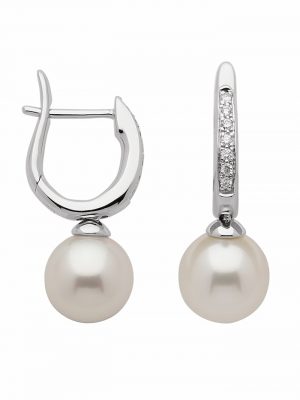 1 Paar 585 Weißgold Ohrringe / Creolen mit Süßwasser Zuchtperle Ø 11 mm 1001 Diamonds Silber