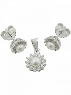 Set mit 7mm Stecker und 9mm Anhänger Perle mit Zirkonias glänzend Silber 925 Gallay Schmuckgroßhandel Silber