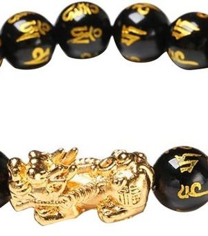 AcserGery Bettelarmband "Glücksarmband aus schwarzer Obsidianlegierung, 12 mm Feng Shui-Perlenarmband, China-Armband mit handgeschnitzten Perlen, doppeltes Pixiu-Amulett, Glücksbringer für Männer und Frauen"