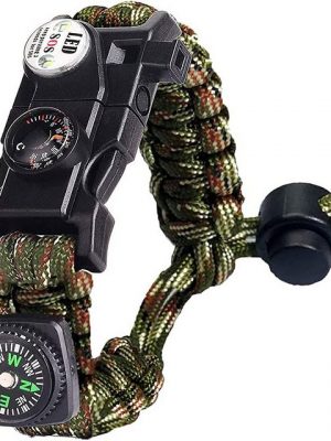 AcserGery Bettelarmband "Überlebensarmband für Männer und Frauen. Militärisches Armband-Set mit Feuerstein + Kompass + Thermometer + Pfeife + LED-Licht für den Außenbereich. Wanderer. Backpacker. Entdecker"