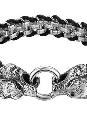 AcserGery Wickelarmband "Herren Vintage breites Lederarmband aus Edelstahl, Gothic Punk Rock Double Tap geflochtene Manschette Seilkette Armband Link Panzerkette, Silber Schwarz"