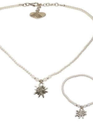 Alpenflüstern Ketten-Set "Trachtenschmuck-Set Filigran Perlen-Trachtenkette und Trachten-Armband Strass-Edelweiss (creme-wei)", - Damen-Trachten-Schmuck, Trachtenset Dirndl-Kette und Trachten-Armkette