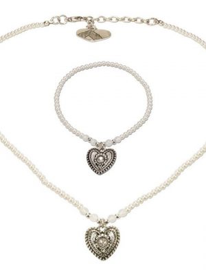 Alpenflüstern Ketten-Set "Trachtenschmuck-Set Filigran Perlen-Trachtenkette und Trachten-Armband Trachtenherz (creme-wei)", - Damen-Trachten-Schmuck, Trachtenset Dirndl-Kette und Trachten-Armkette