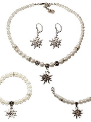 Alpenflüstern Ketten-Set "Trachtenschmuck-Set Perlen-Trachtenkette, Armband, Charivari und Ohrhänger Strass-Edelweiß (creme-wei)", - Damen-Trachten-Schmuck, Trachtenset