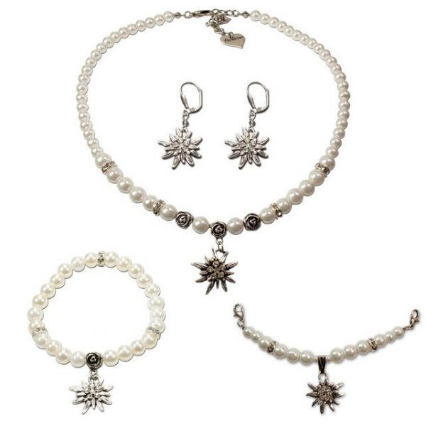 Alpenflüstern Ketten-Set "Trachtenschmuck-Set Perlen-Trachtenkette, Armband, Charivari und Ohrhänger Strass-Edelweiß (creme-wei)", - Damen-Trachten-Schmuck, Trachtenset