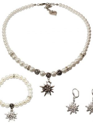 Alpenflüstern Ketten-Set "Trachtenschmuck-Set Perlen-Trachtenkette, Armband & Ohrhänger Strass-Edelweiß (creme-wei)", - Damen Trachten-Schmuck, Trachtenset Dirndl-Kette, Armkette, Ohrringe