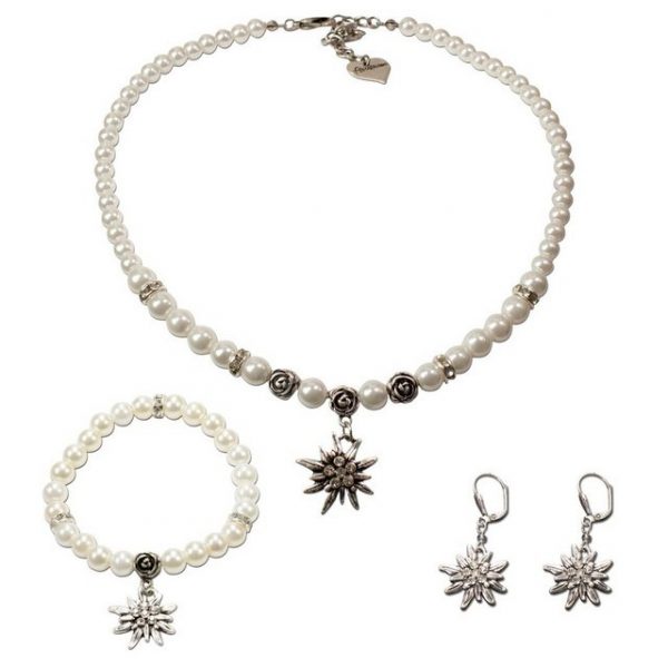 Alpenflüstern Ketten-Set "Trachtenschmuck-Set Perlen-Trachtenkette, Armband & Ohrhänger Strass-Edelweiß (creme-wei)", - Damen Trachten-Schmuck, Trachtenset Dirndl-Kette, Armkette, Ohrringe