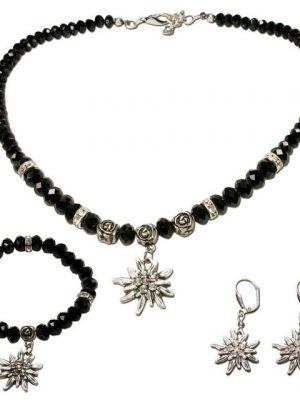 Alpenflüstern Ketten-Set "Trachtenschmuck-Set Perlen-Trachtenkette, Armband & Ohrhänger Strass-Edelweiß (schwarz)", - Damen Trachten-Schmuck, Trachtenset Dirndl-Kette, Armkette, Ohrringe