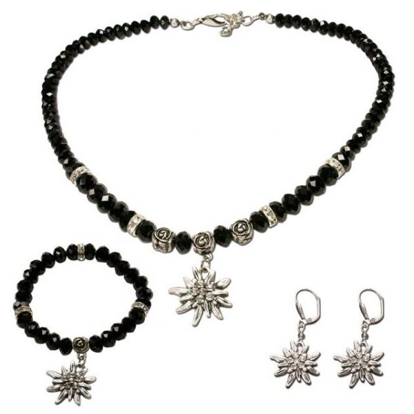 Alpenflüstern Ketten-Set "Trachtenschmuck-Set Perlen-Trachtenkette, Armband & Ohrhänger Strass-Edelweiß (schwarz)", - Damen Trachten-Schmuck, Trachtenset Dirndl-Kette, Armkette, Ohrringe