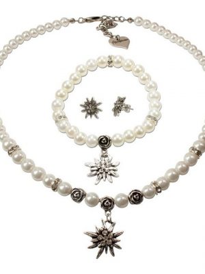 Alpenflüstern Ketten-Set "Trachtenschmuck-Set Perlen-Trachtenkette, Armband und Ohrstecker Strass-Edelweiß (creme-wei)", - Damen-Trachten-Schmuck, Trachtenset Dirndl-Kette, Armkette, Ohrringe