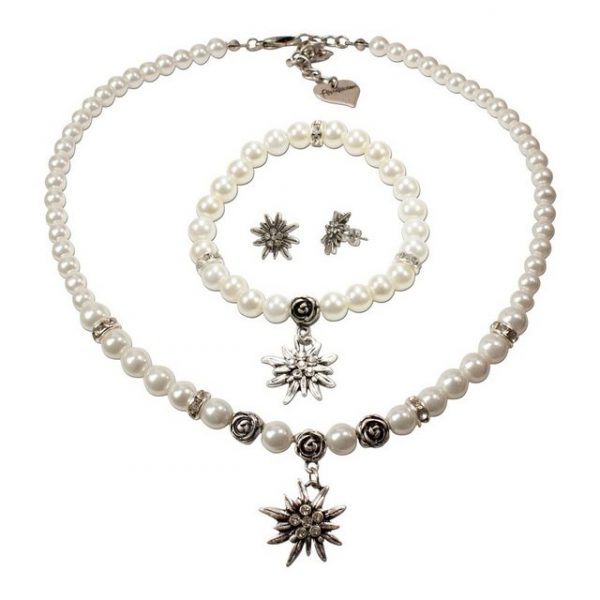 Alpenflüstern Ketten-Set "Trachtenschmuck-Set Perlen-Trachtenkette, Armband und Ohrstecker Strass-Edelweiß (creme-wei)", - Damen-Trachten-Schmuck, Trachtenset Dirndl-Kette, Armkette, Ohrringe