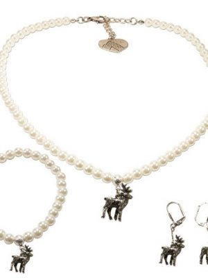 Alpenflüstern Ketten-Set "Trachtenschmuck-Set Perlen-Trachtenkette, Trachten-Armband und Trachten-Ohrhänger Hirsch (creme-wei)", - Damen-Trachten-Schmuck, Trachtenset Kette, Armkette und Ohrringe