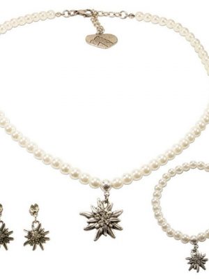 Alpenflüstern Ketten-Set "Trachtenschmuck-Set Perlen-Trachtenkette, Trachten-Armband und Trachten-Ohrhänger Strass-Edelweiss (creme-wei)", - Damen-Trachten-Schmuck, Trachtenset Kette, Armkette und Ohrringe