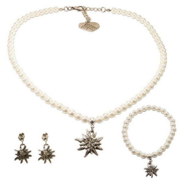 Alpenflüstern Ketten-Set "Trachtenschmuck-Set Perlen-Trachtenkette, Trachten-Armband und Trachten-Ohrhänger Strass-Edelweiss (creme-wei)", - Damen-Trachten-Schmuck, Trachtenset Kette, Armkette und Ohrringe