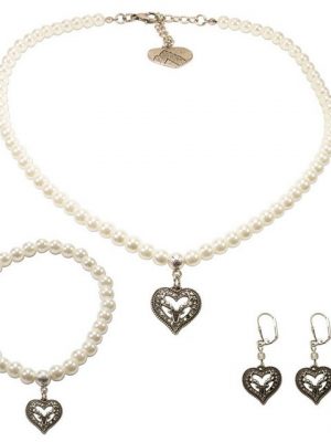 Alpenflüstern Ketten-Set "Trachtenschmuck-Set Perlen-Trachtenkette, Trachten-Armband und Trachten-Ohrhänger Strassherz-Hirsch (creme-wei)", - Damen-Trachten-Schmuck, Trachtenset